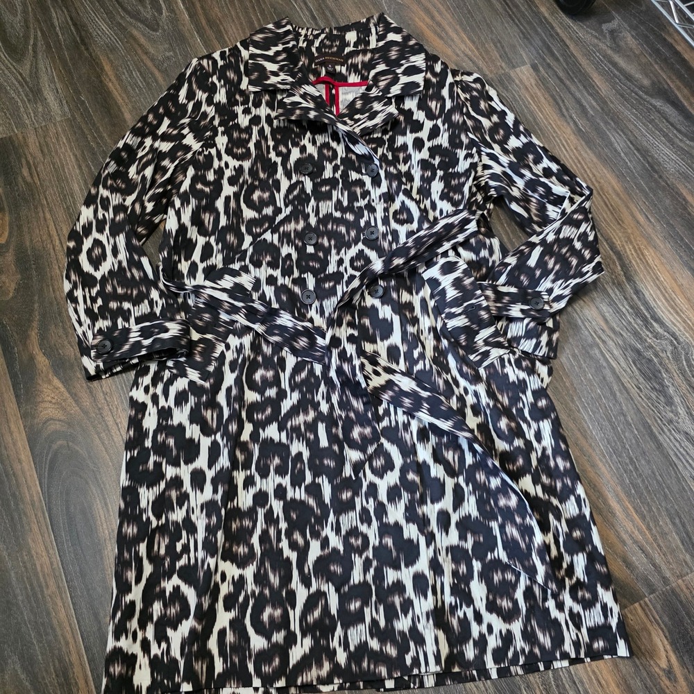 Dana Buchman Womens XL Leopard Ikat Animal Print Trench Coat Belted Black White